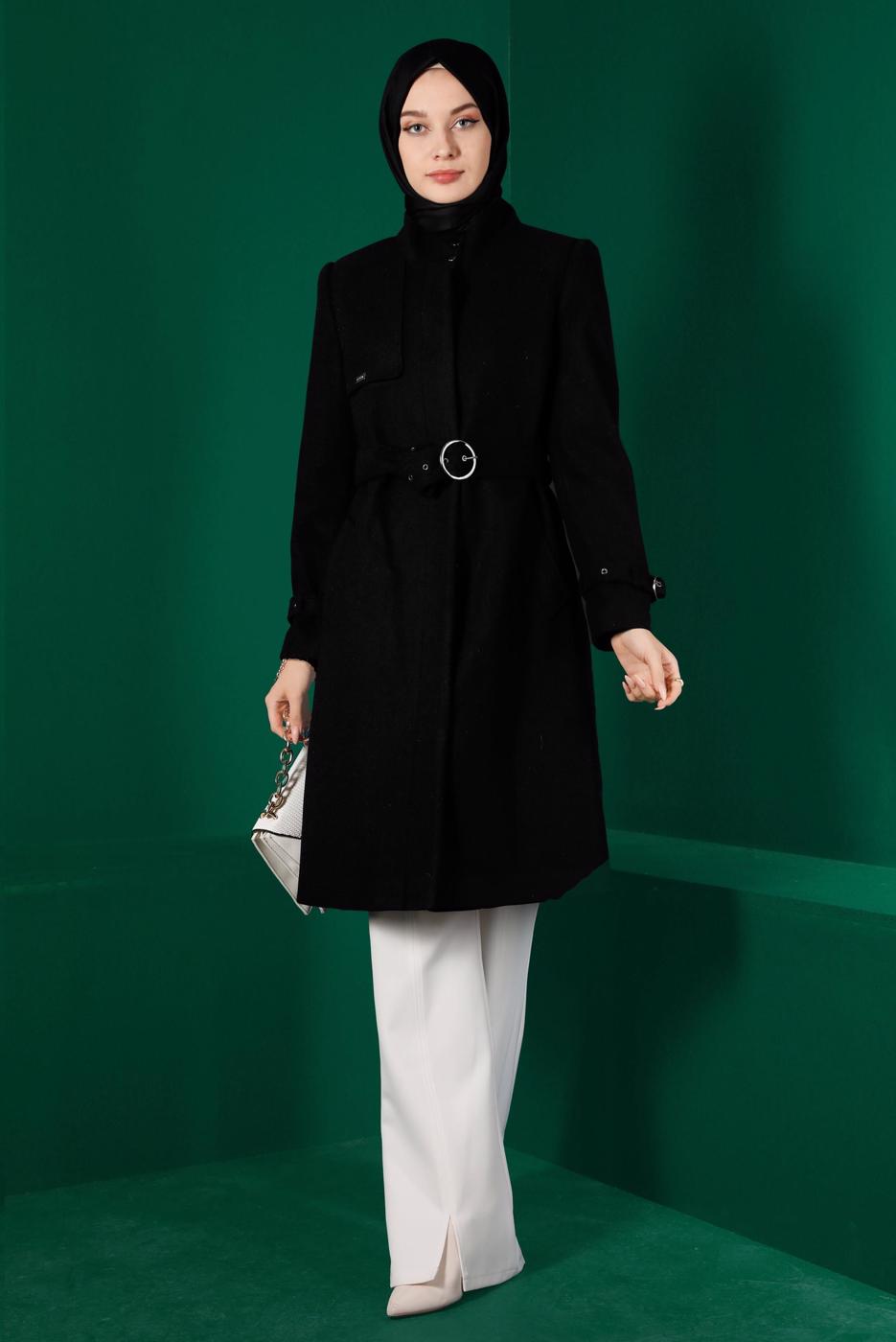 Tesettür giyim SİYAH ALVİNA KEMERLİ KABAN T 90301