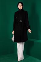 Tesettür giyim SİYAH ALVİNA KEMERLİ KABAN T 90301