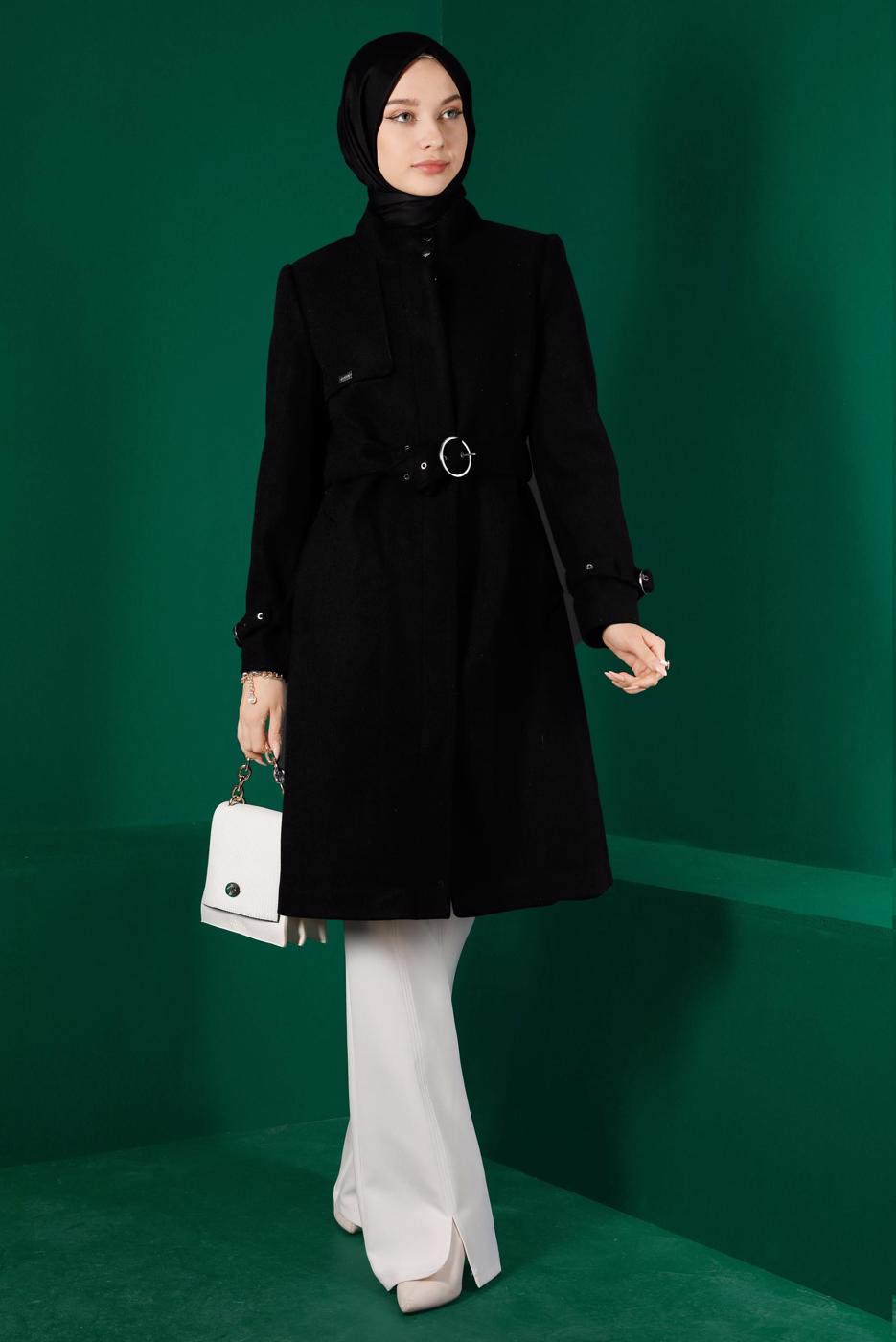 Tesettür giyim SİYAH ALVİNA KEMERLİ KABAN T 90301