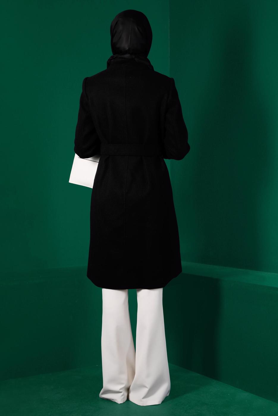 Tesettür giyim SİYAH ALVİNA KEMERLİ KABAN T 90301