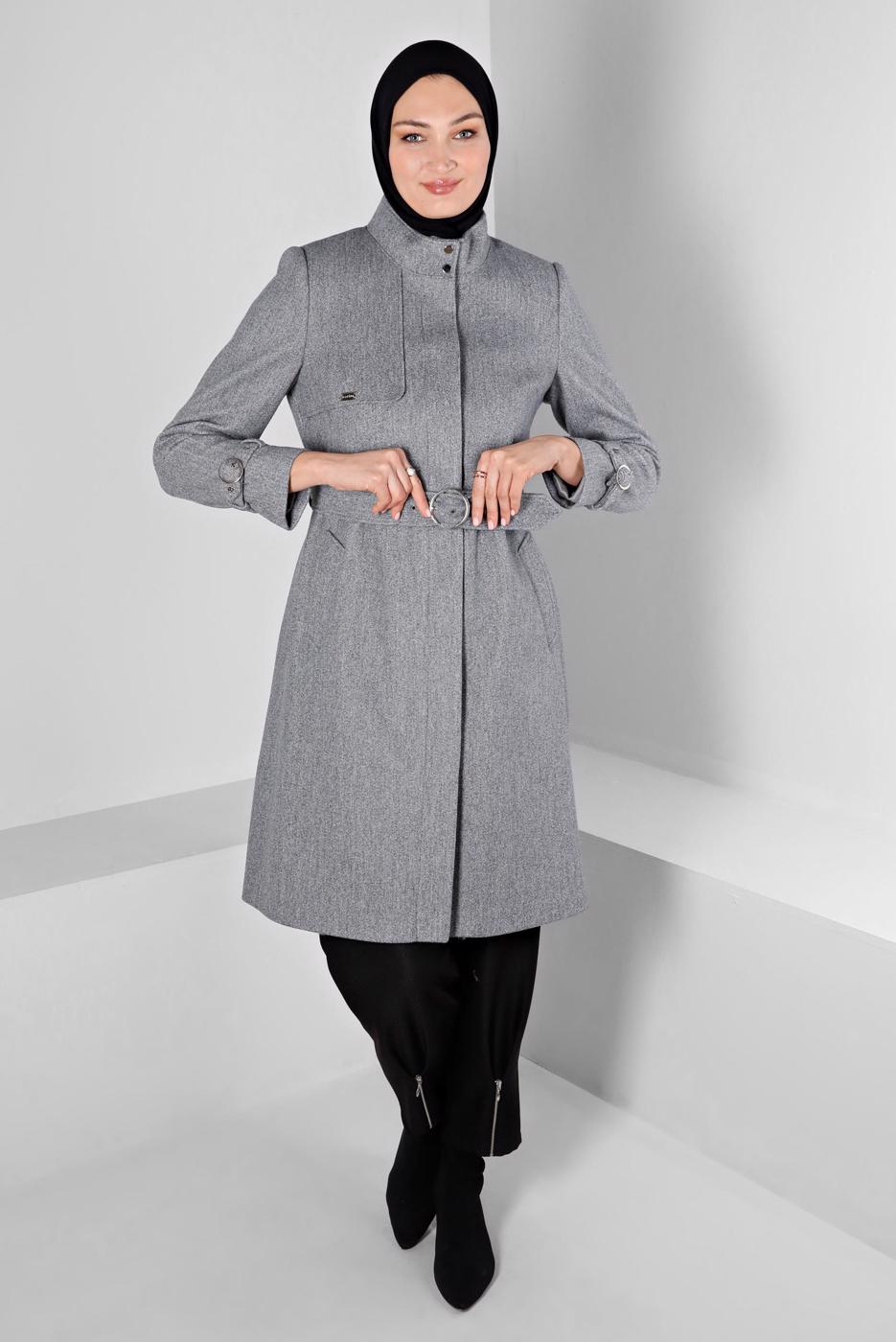 Tesettür giyim GRİ ALVİNA KEMERLİ KABAN T 90301