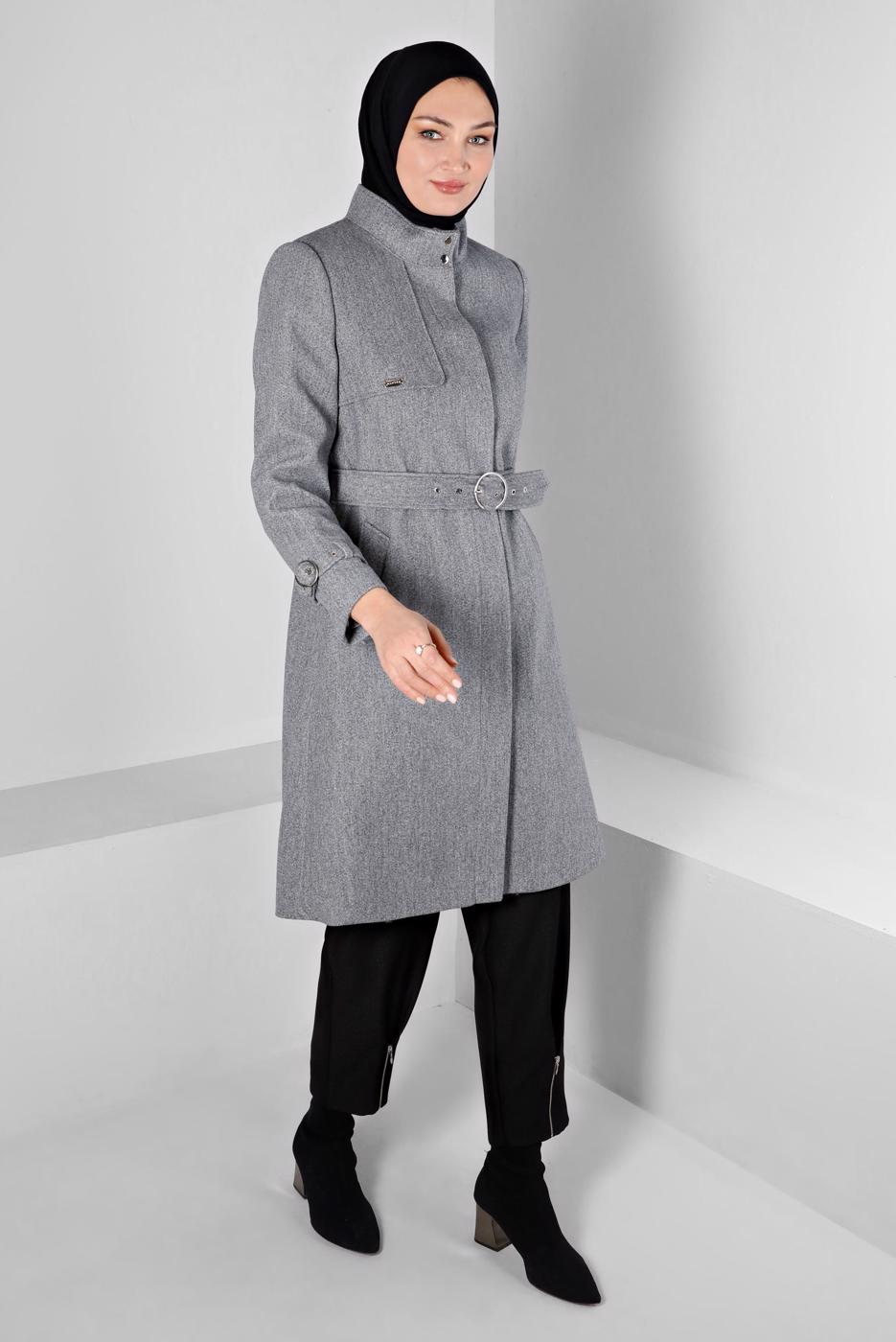 Tesettür giyim GRİ ALVİNA KEMERLİ KABAN T 90301