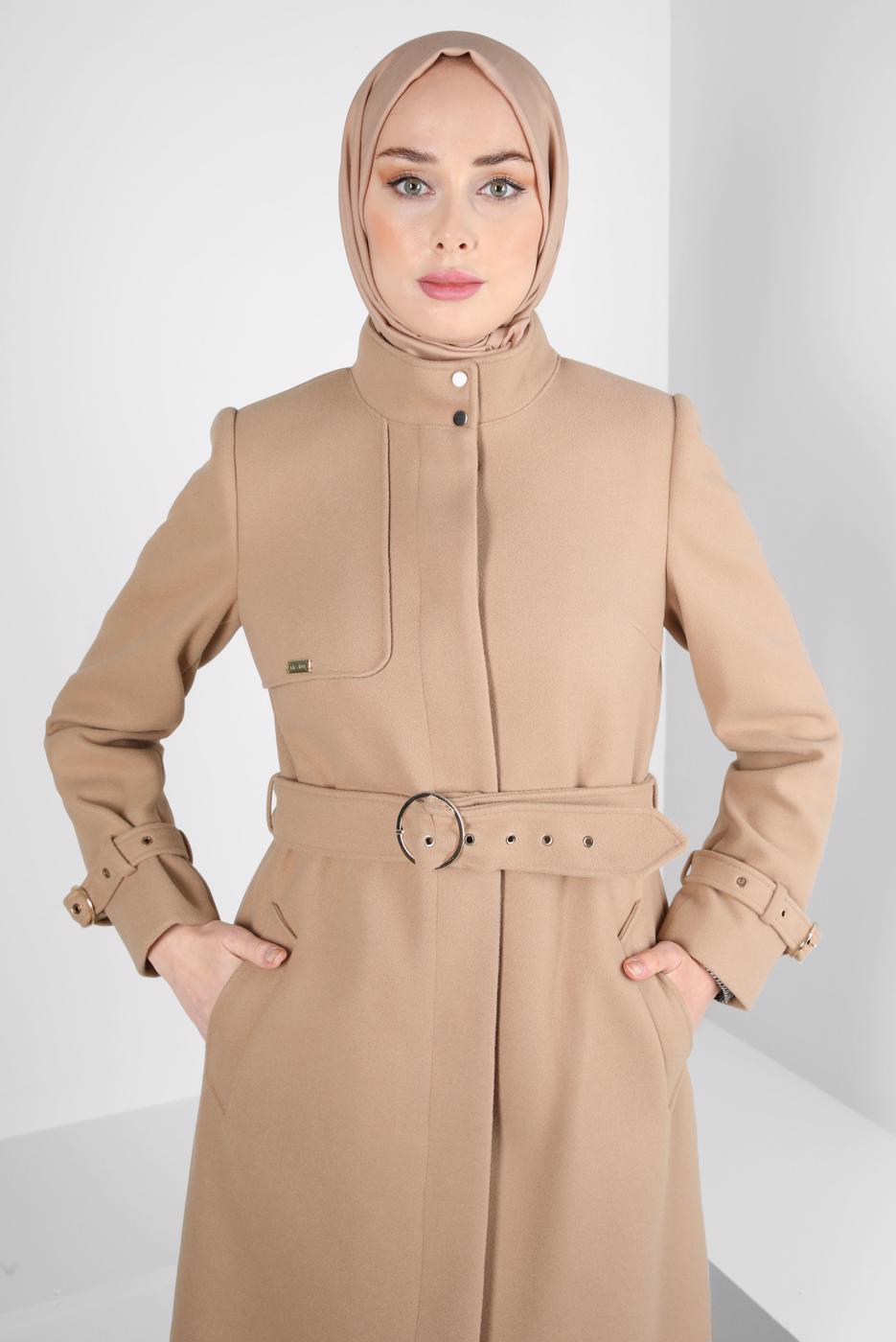 Tesettür giyim KAHVE ALVİNA KEMERLİ KABAN T 90301