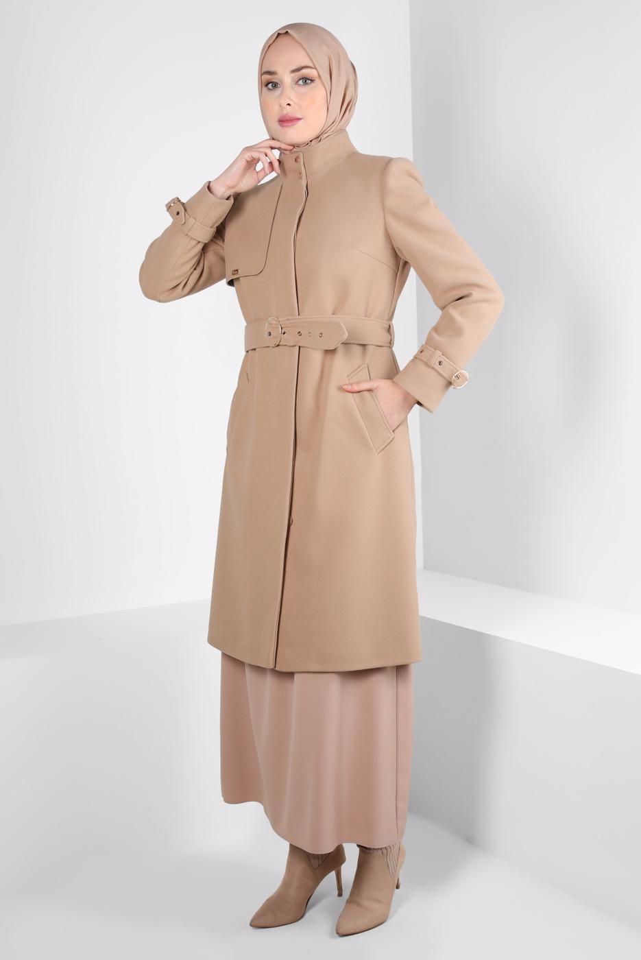Tesettür giyim KAHVE ALVİNA KEMERLİ KABAN T 90301