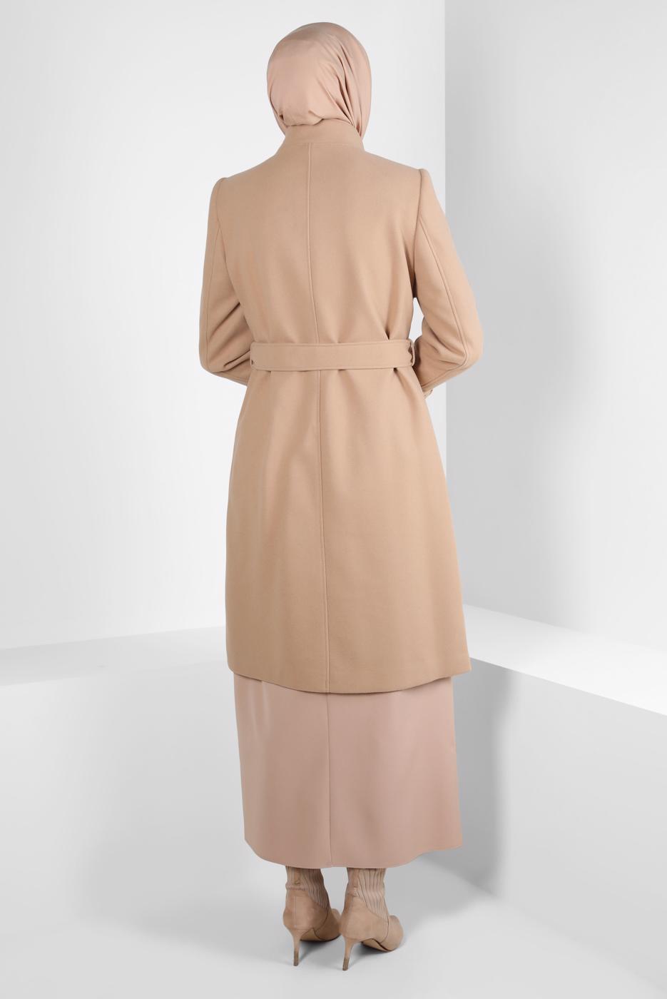 Tesettür giyim KAHVE ALVİNA KEMERLİ KABAN T 90301