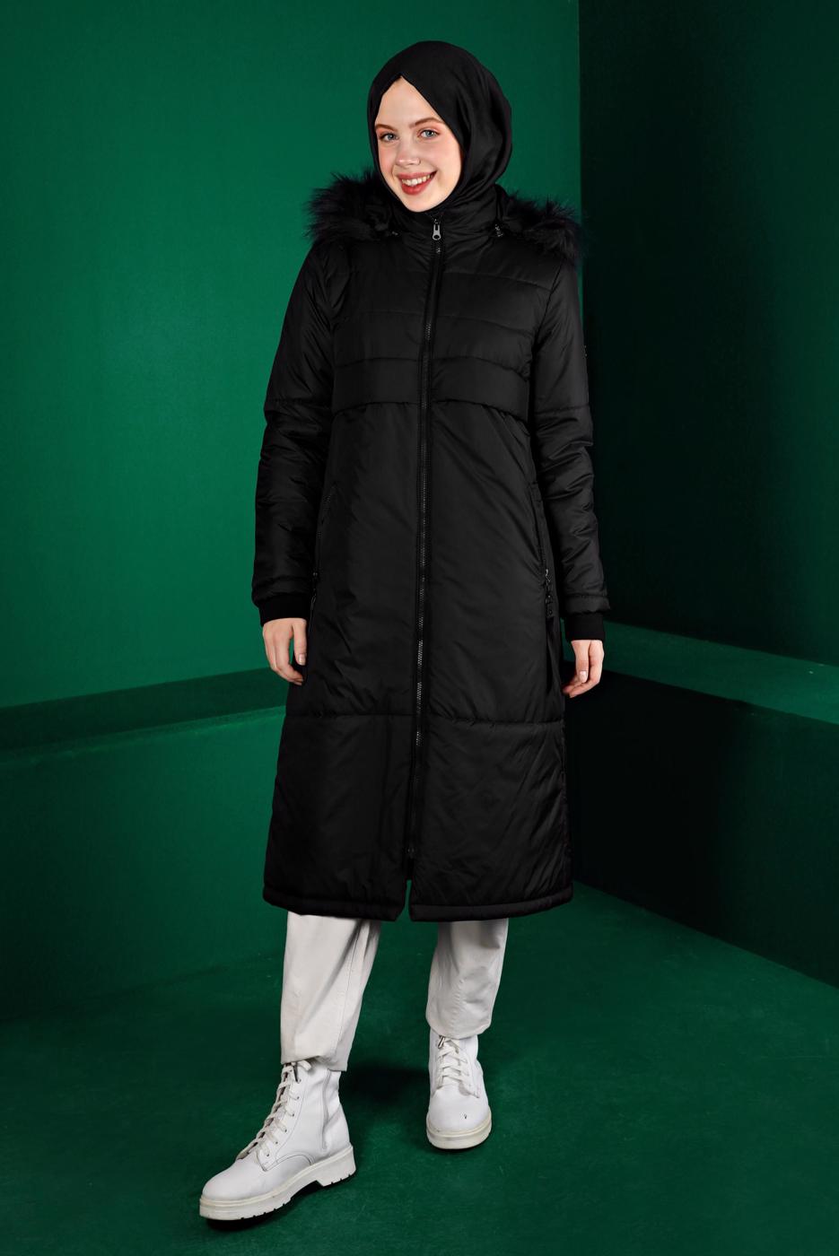 Tesettür giyim SİYAH ALVİNA KAPÜŞONLU KABAN T 90318