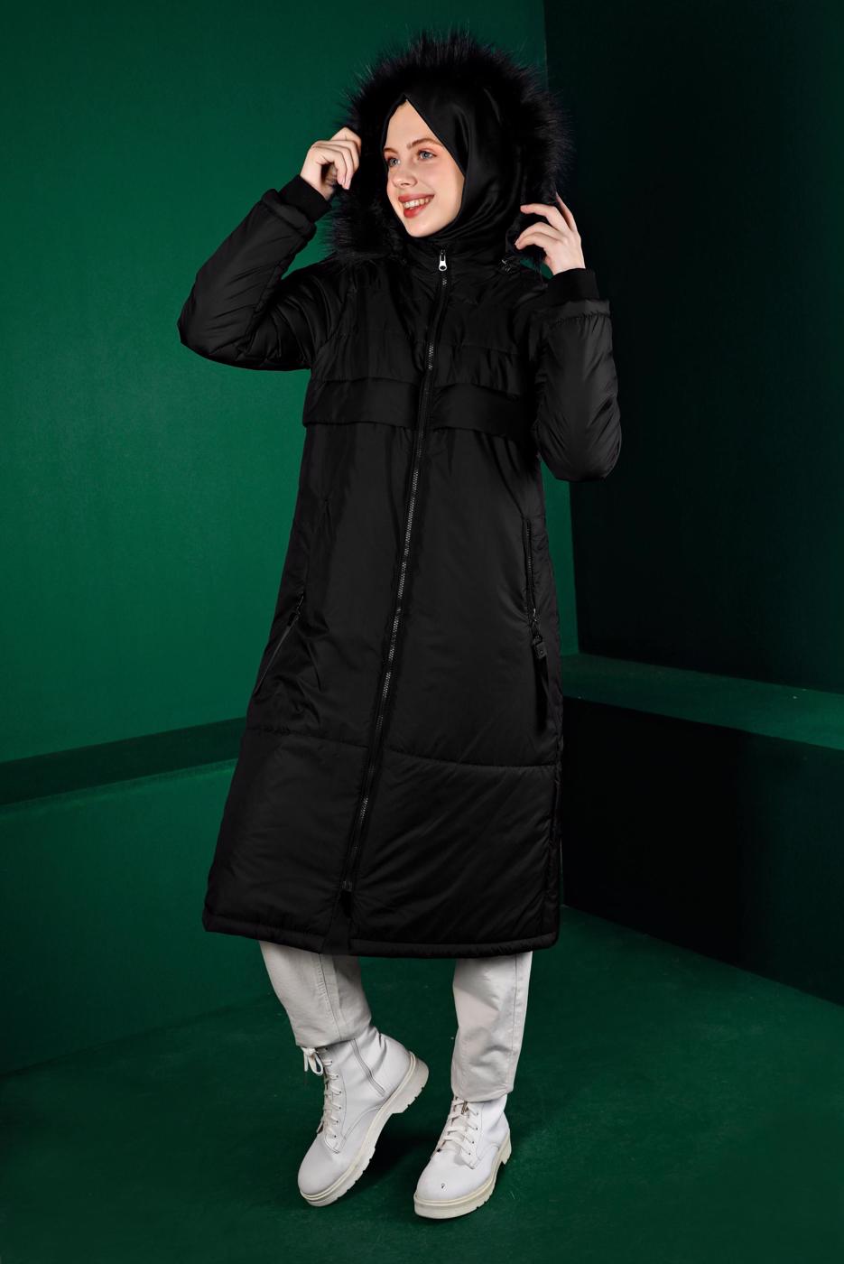 Tesettür giyim SİYAH ALVİNA KAPÜŞONLU KABAN T 90318