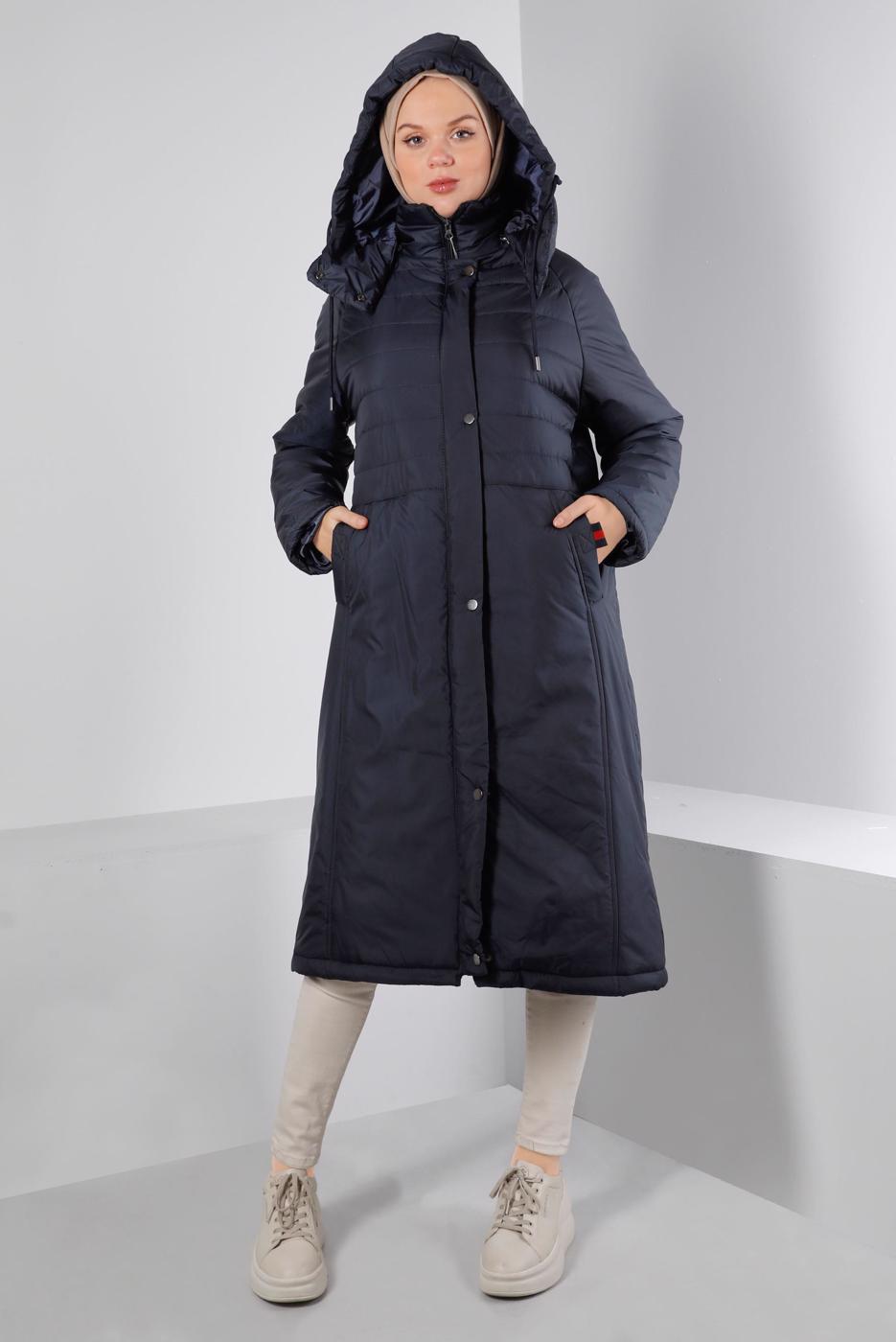 Tesettür giyim LACİVERT ALVİNA KAPÜŞONLU KABAN T 90319