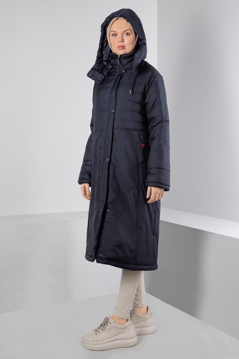 Tesettür giyim LACİVERT ALVİNA KAPÜŞONLU KABAN T 90319