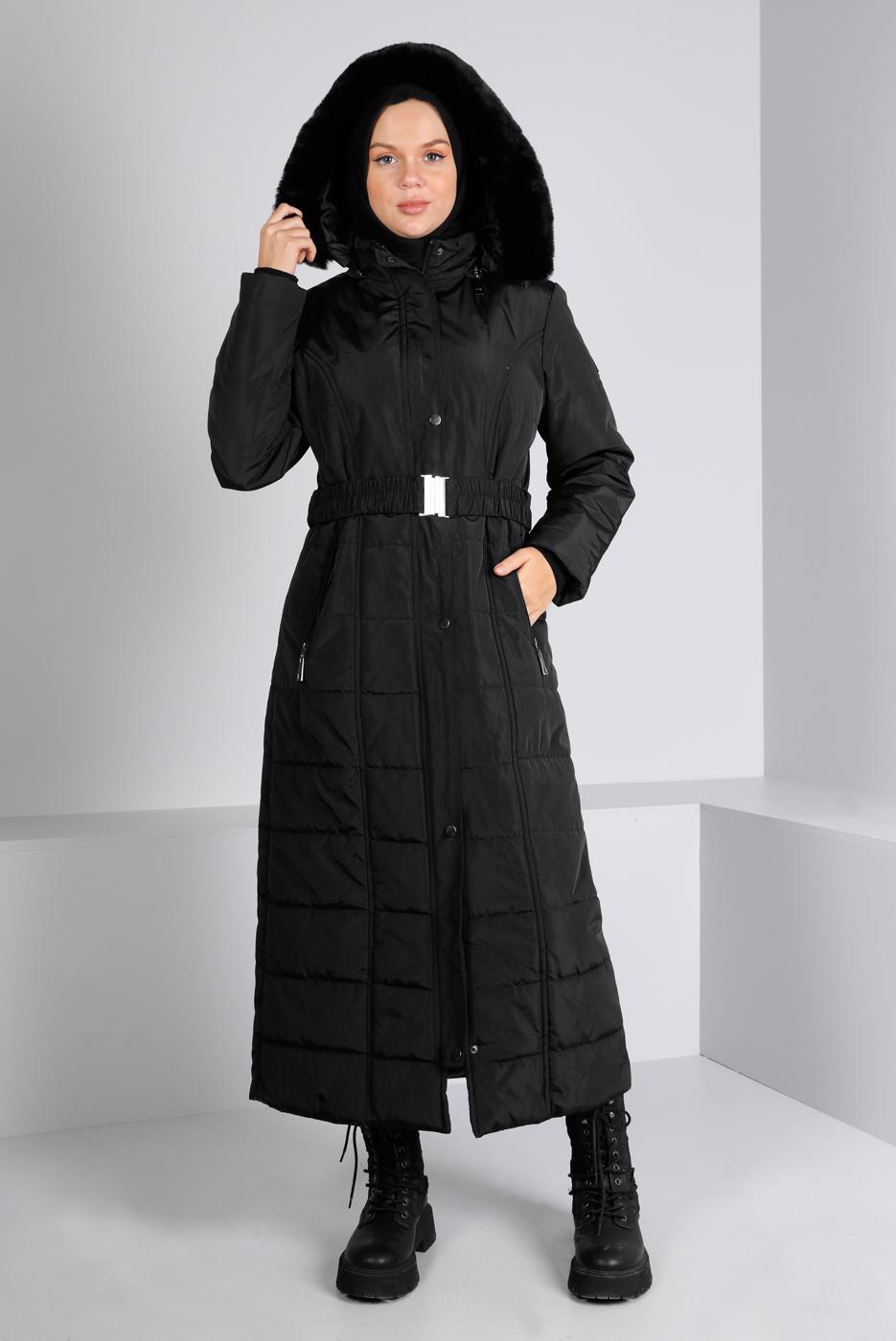 Tesettür giyim SİYAH ALVİNA KAPÜŞONLU KABAN T 90322