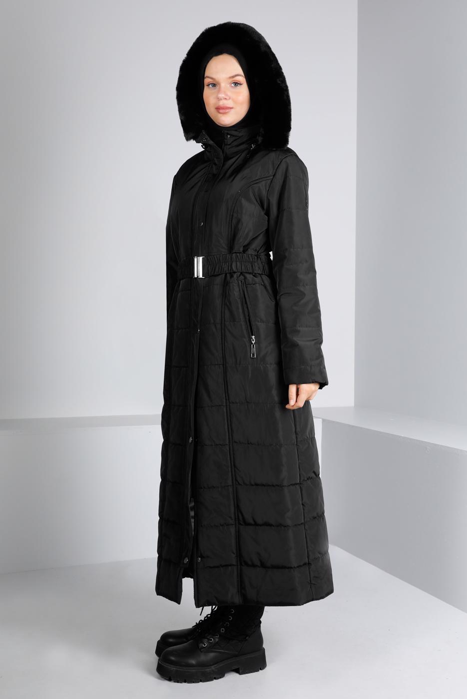 Tesettür giyim SİYAH ALVİNA KAPÜŞONLU KABAN T 90322