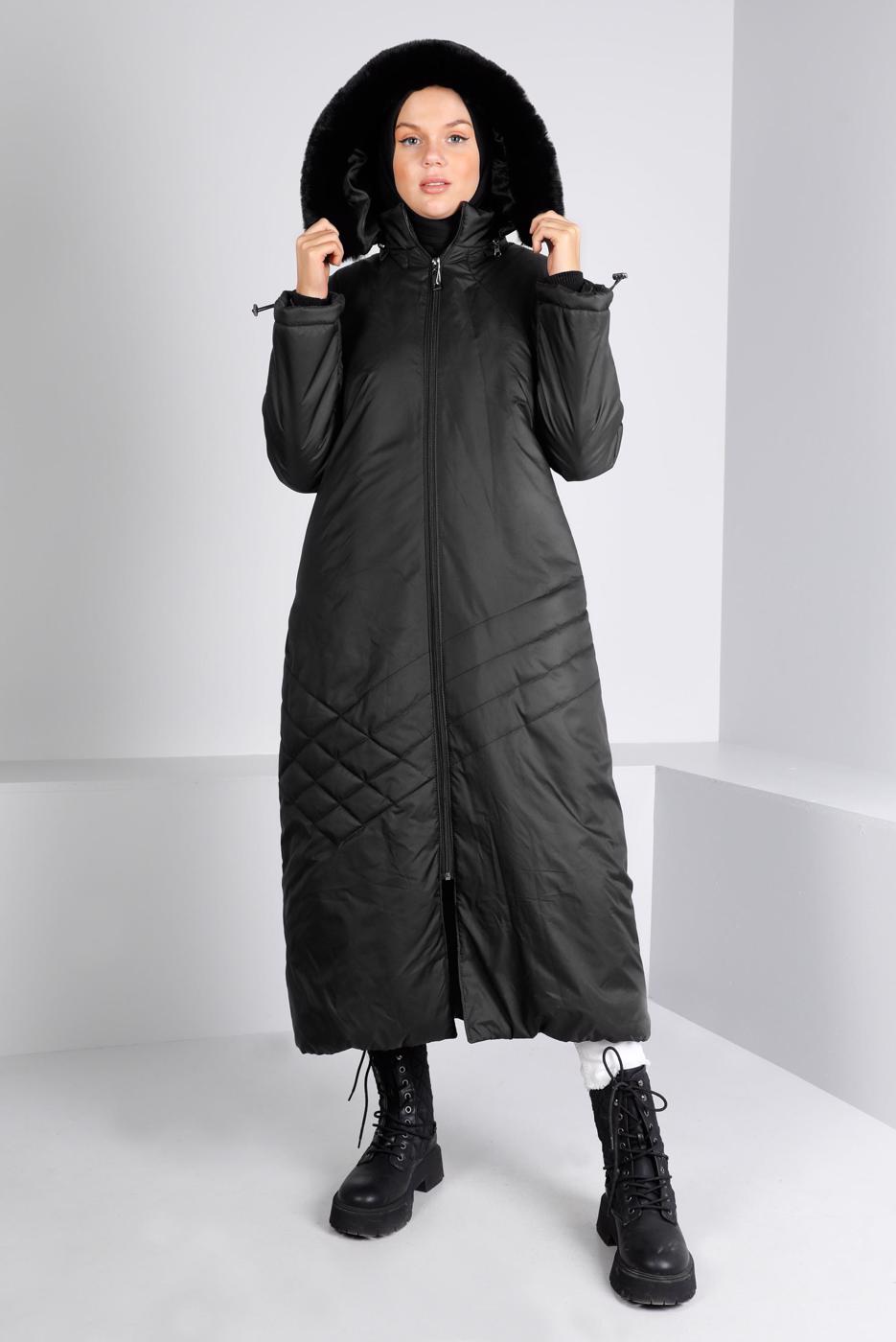 Tesettür giyim SİYAH ALVİNA KAPÜŞONLU KABAN T 90324