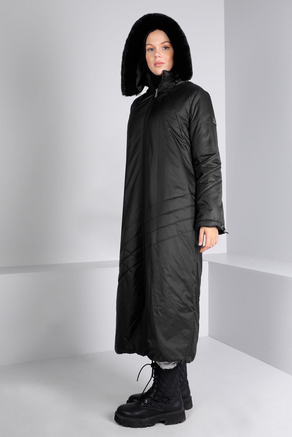 Tesettür giyim SİYAH ALVİNA KAPÜŞONLU KABAN T 90324