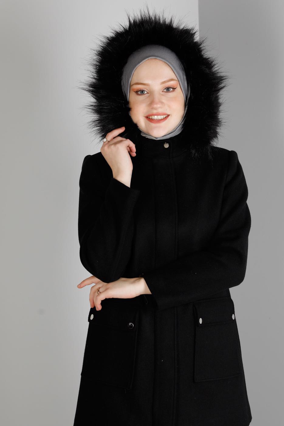 Tesettür giyim SİYAH ALVİNA KAPÜŞONLU KABAN T 90353