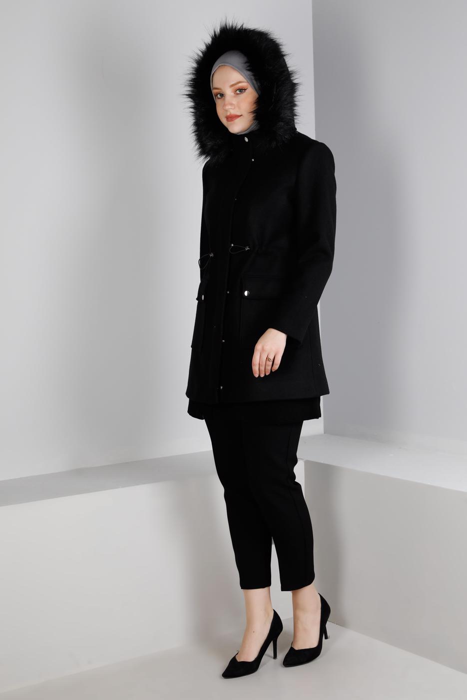 Tesettür giyim SİYAH ALVİNA KAPÜŞONLU KABAN T 90353