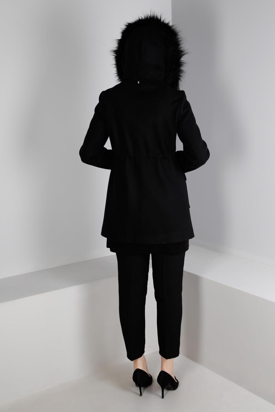 Tesettür giyim SİYAH ALVİNA KAPÜŞONLU KABAN T 90353