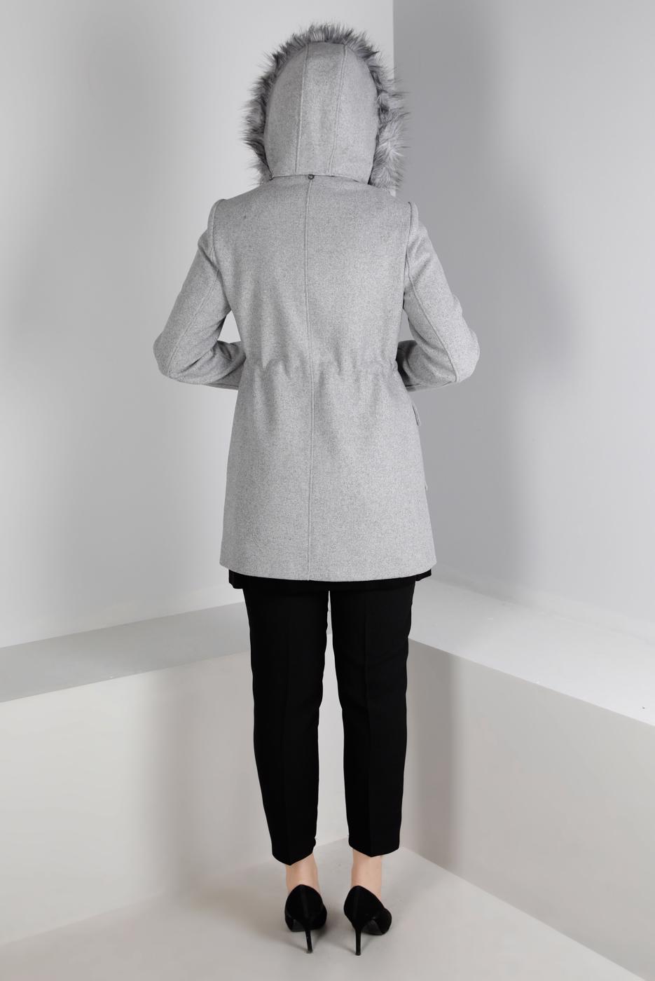Tesettür giyim GÜMÜŞ ALVİNA KAPÜŞONLU KABAN T 90353