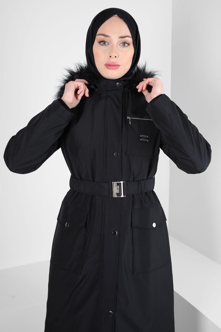 Tesettür giyim SİYAH ALVİNA KAPÜŞONLU KEMERLİ PARKA T 90370