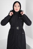 Tesettür giyim SİYAH ALVİNA KAPÜŞONLU KEMERLİ PARKA T 90370
