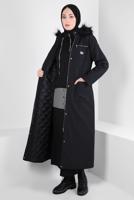 Tesettür giyim SİYAH ALVİNA KAPÜŞONLU KEMERLİ PARKA T 90370