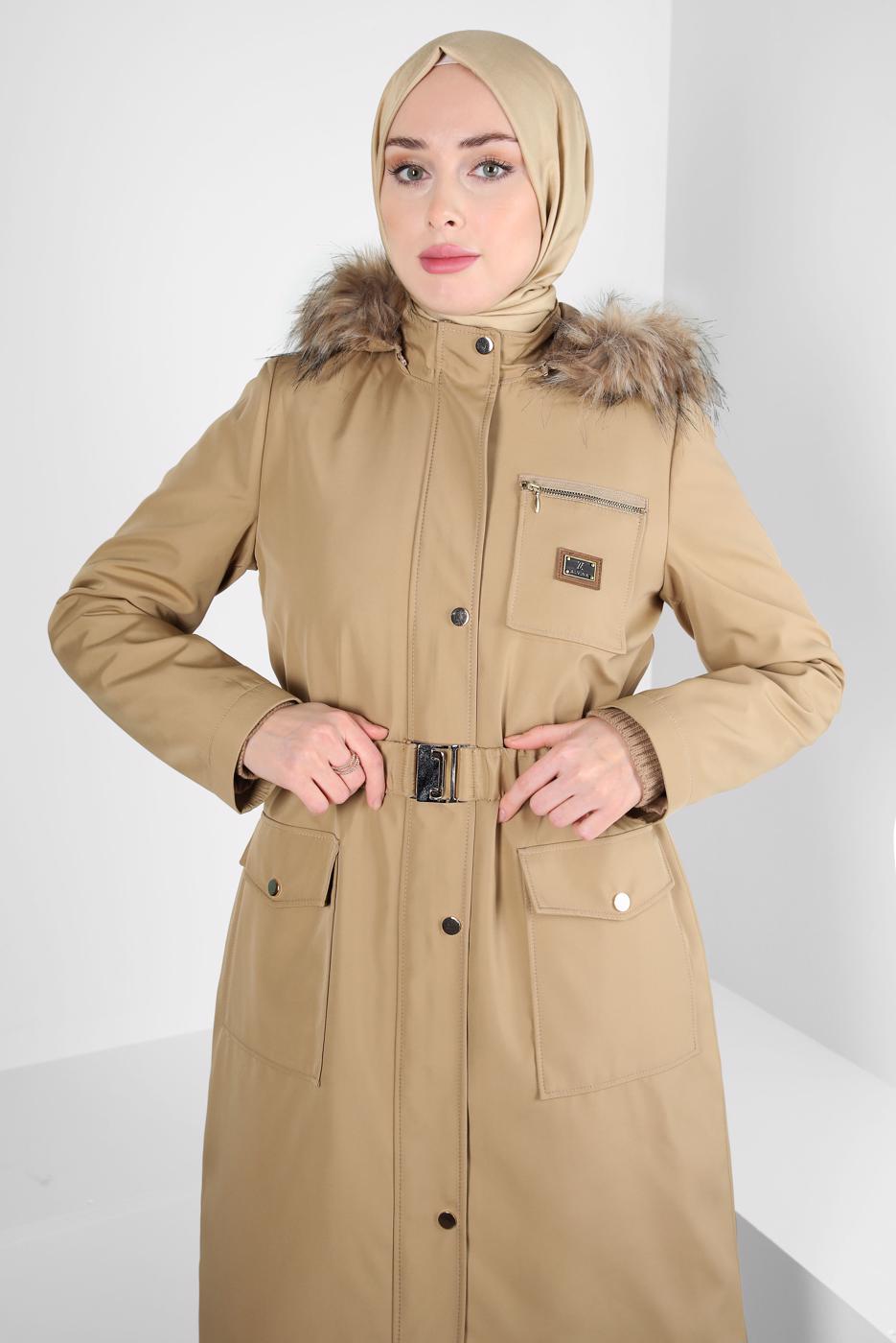 Tesettür giyim KAHVE ALVİNA KAPÜŞONLU KEMERLİ PARKA T 90370
