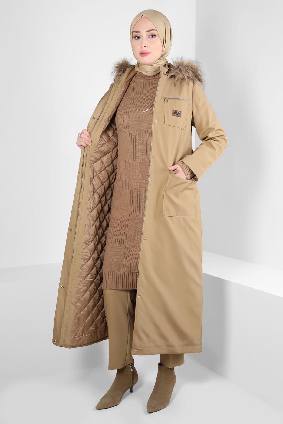 Tesettür giyim KAHVE ALVİNA KAPÜŞONLU KEMERLİ PARKA T 90370