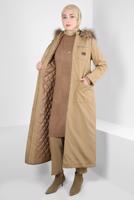 Tesettür giyim KAHVE ALVİNA KAPÜŞONLU KEMERLİ PARKA T 90370