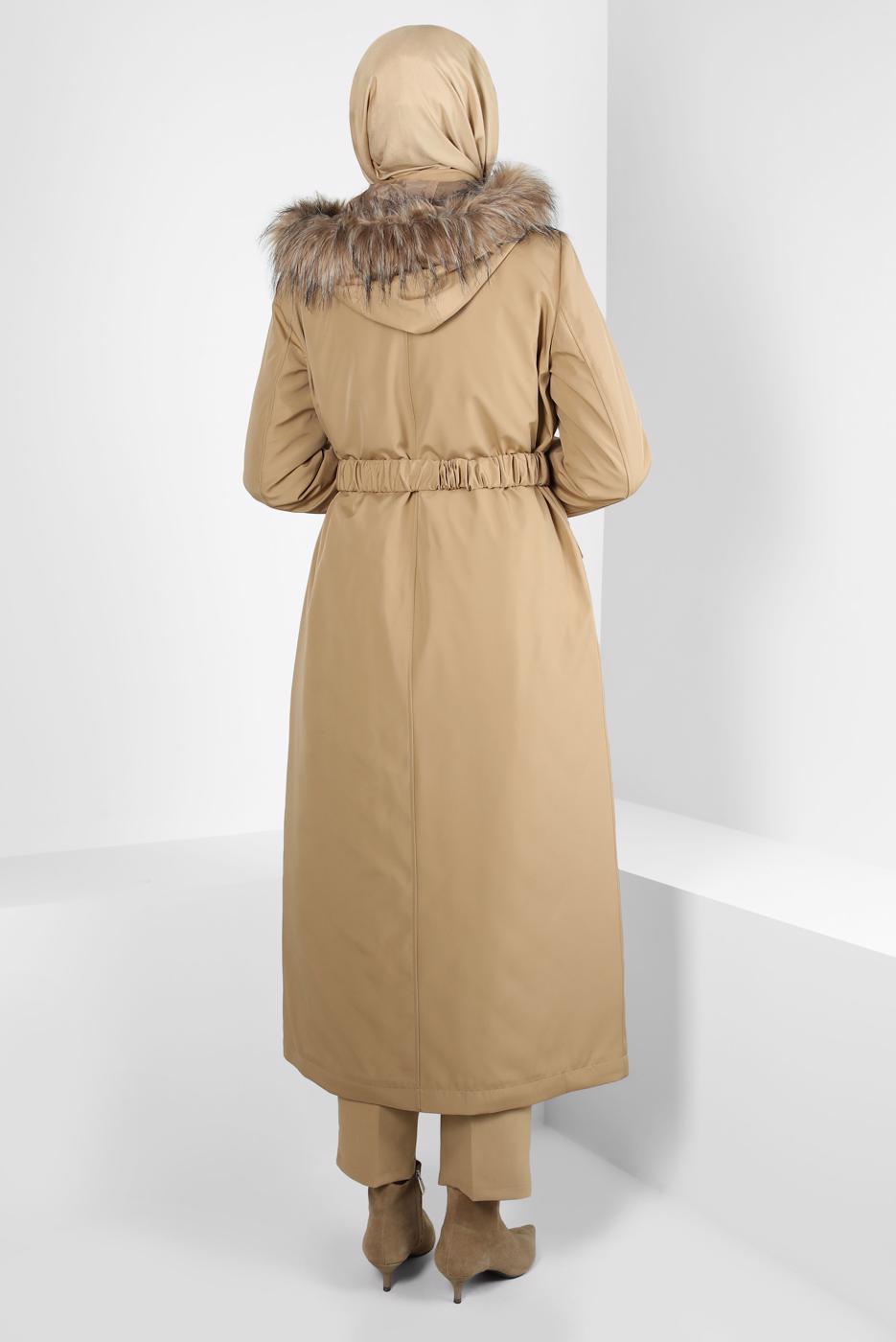 Tesettür giyim KAHVE ALVİNA KAPÜŞONLU KEMERLİ PARKA T 90370