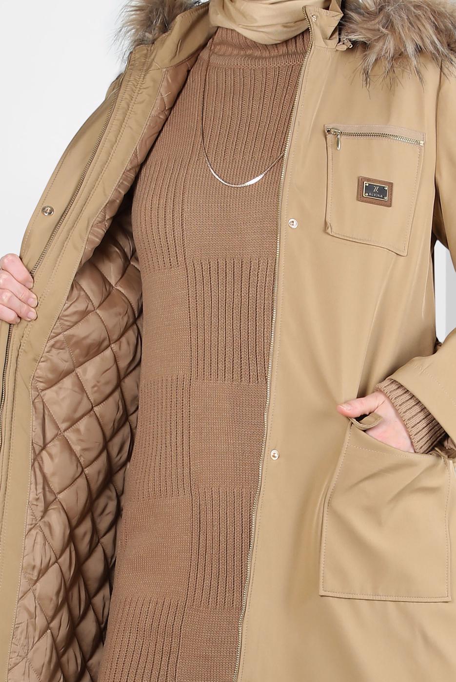 Tesettür giyim KAHVE ALVİNA KAPÜŞONLU KEMERLİ PARKA T 90370