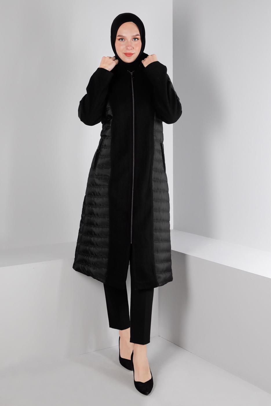 Tesettür giyim SİYAH ALVİNA KAPÜŞONLU KABAN T 90371