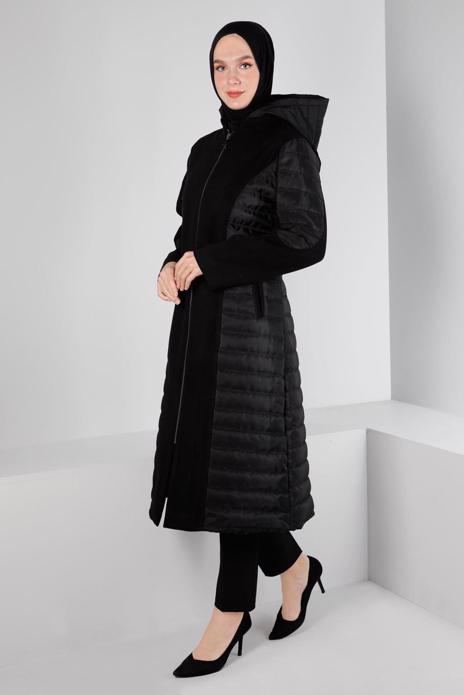 Tesettür giyim SİYAH ALVİNA KAPÜŞONLU KABAN T 90371