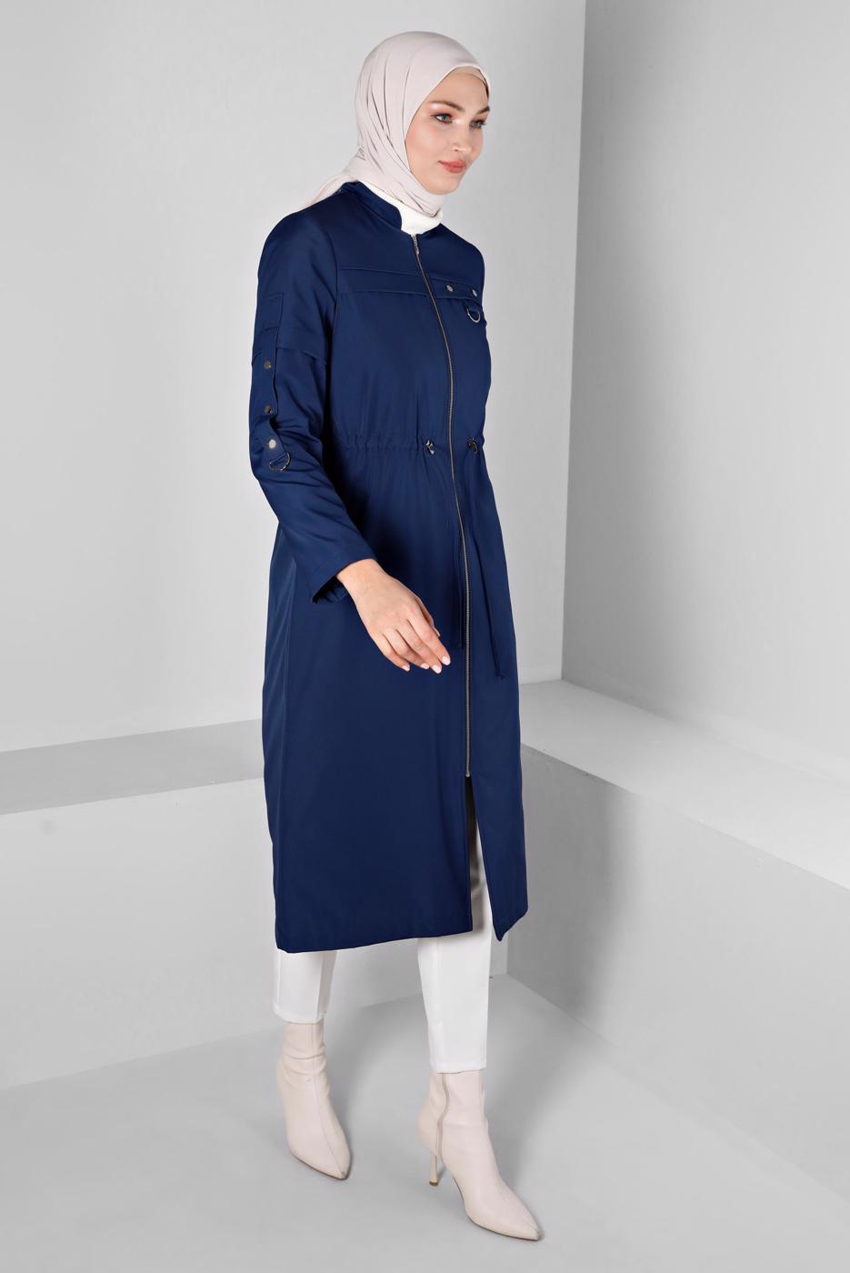 Tesettür giyim LACİVERT ALVİNA BELİ BÜZGÜLÜ PARKA T 90374