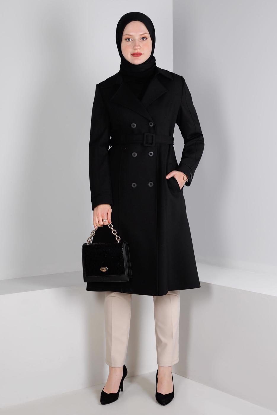 Tesettür giyim SİYAH ALVİNA KEMERLİ KABAN T 90382