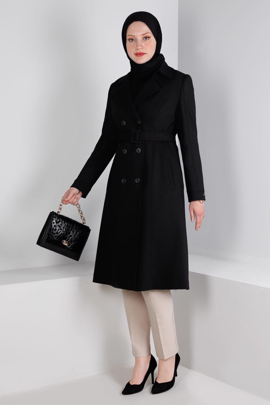 Tesettür giyim SİYAH ALVİNA KEMERLİ KABAN T 90382