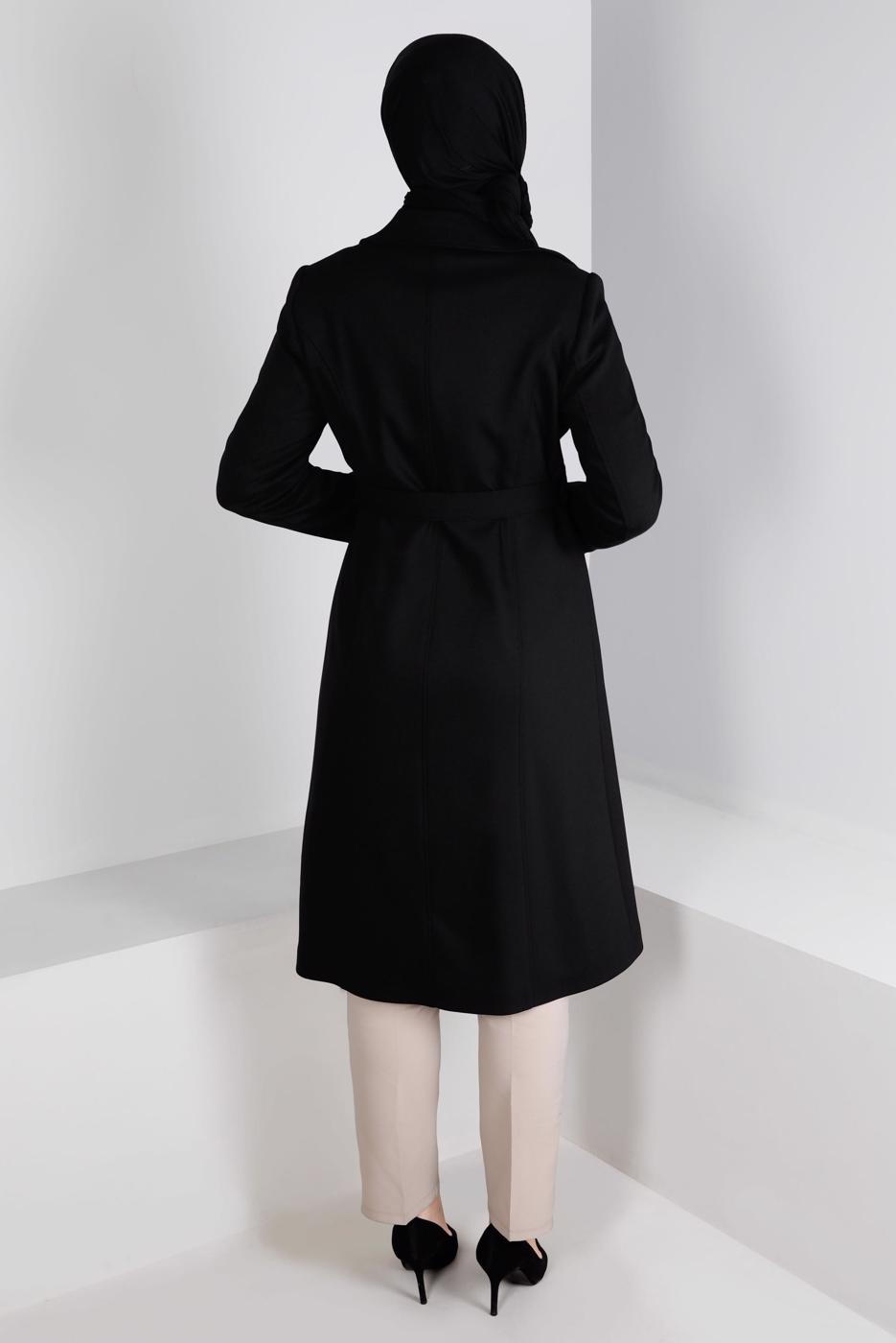 Tesettür giyim SİYAH ALVİNA KEMERLİ KABAN T 90382