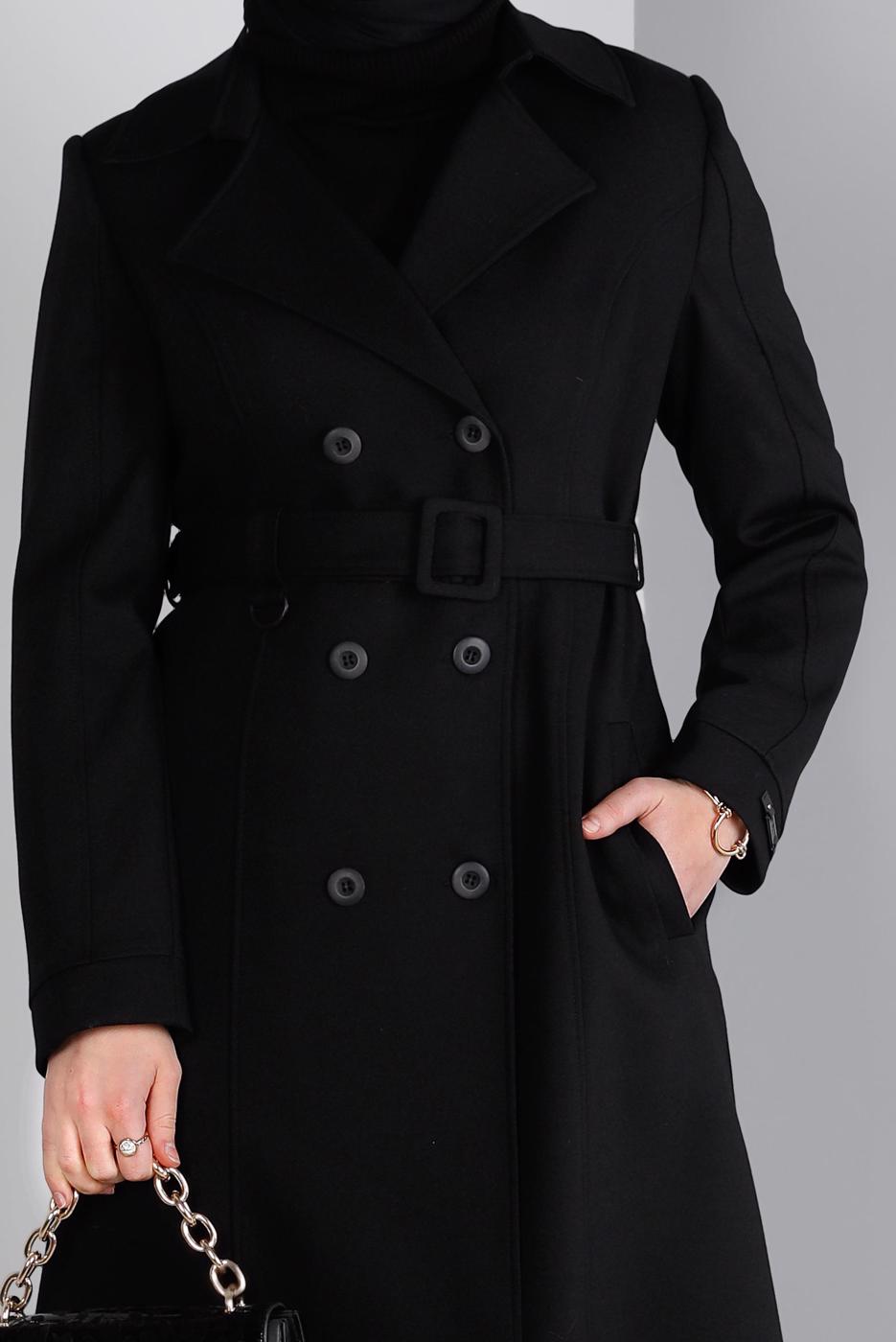 Tesettür giyim SİYAH ALVİNA KEMERLİ KABAN T 90382