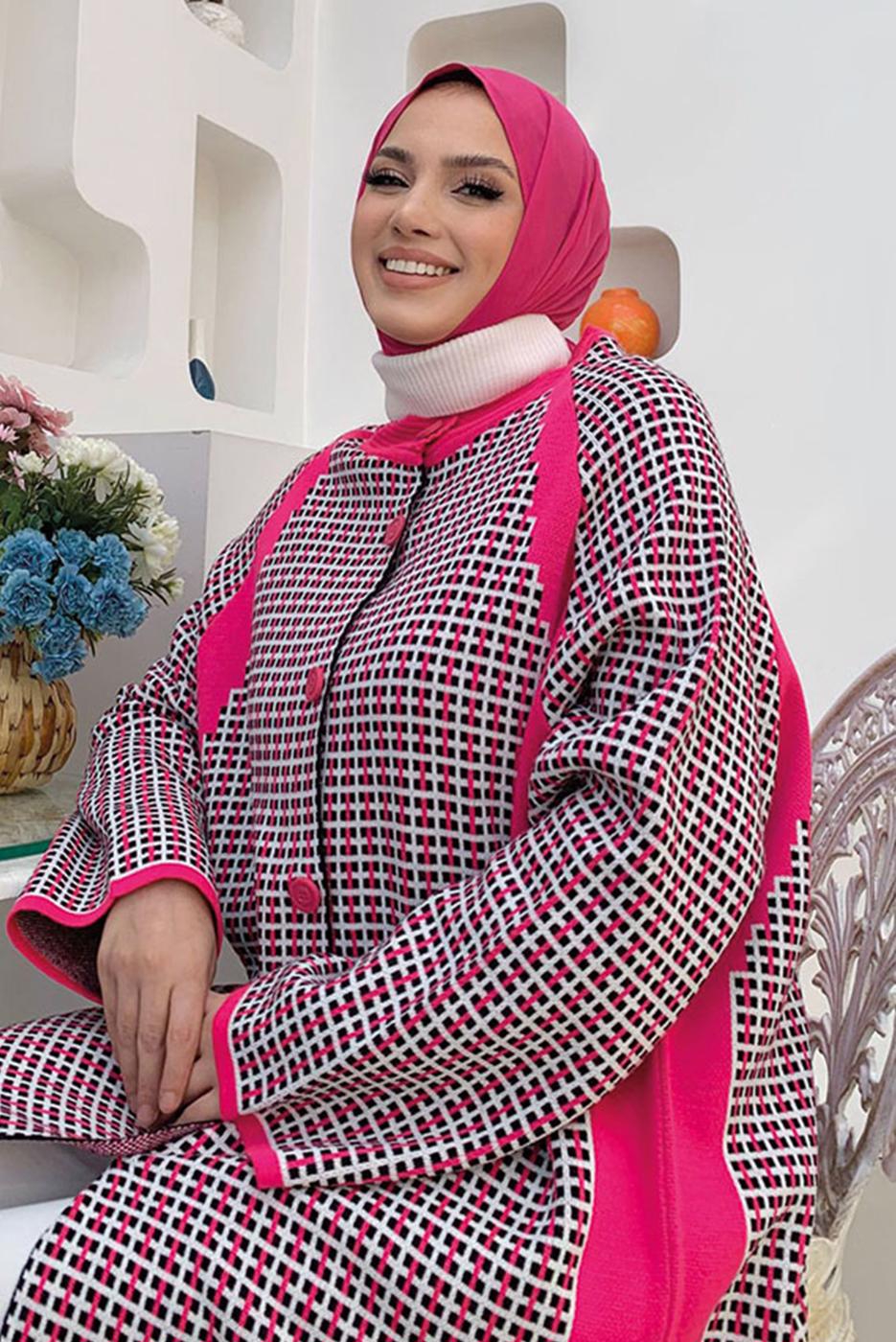 Hijab clothing FUCHSIA PATTERNED BUTTONED KNITWEAR CARDIGAN 9136