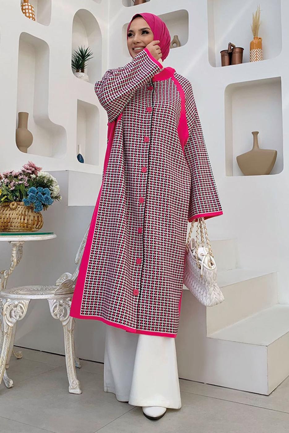 Hijab clothing FUCHSIA PATTERNED BUTTONED KNITWEAR CARDIGAN 9136