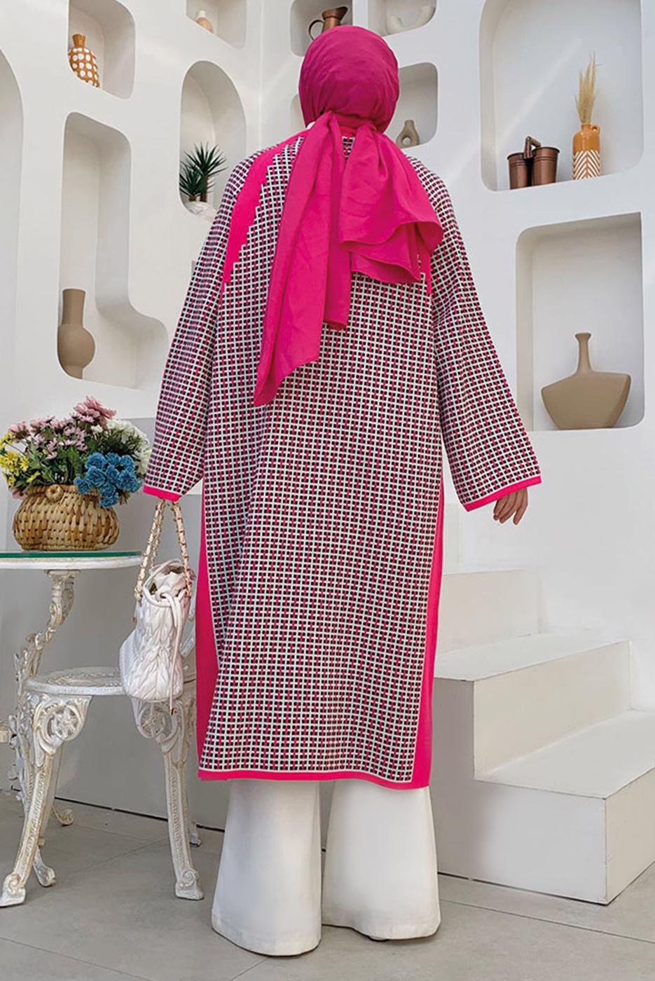 Hijab clothing FUCHSIA PATTERNED BUTTONED KNITWEAR CARDIGAN 9136