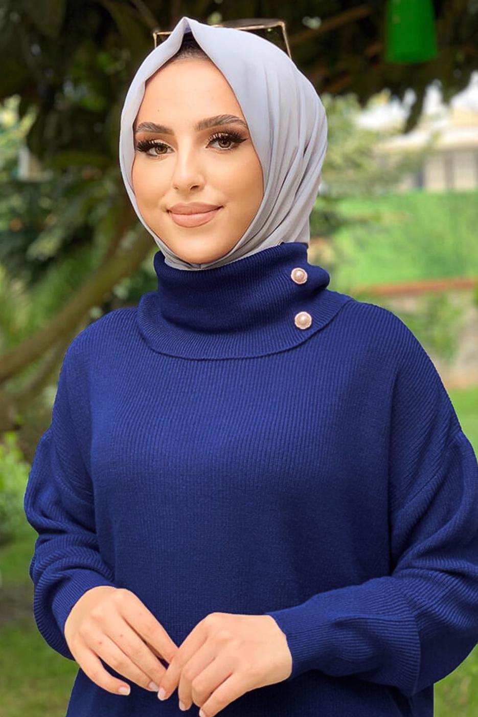 Tesettür giyim LACİVERT DÜĞME DETAYLI BOĞAZLI TRİKO KAZAK 6412 