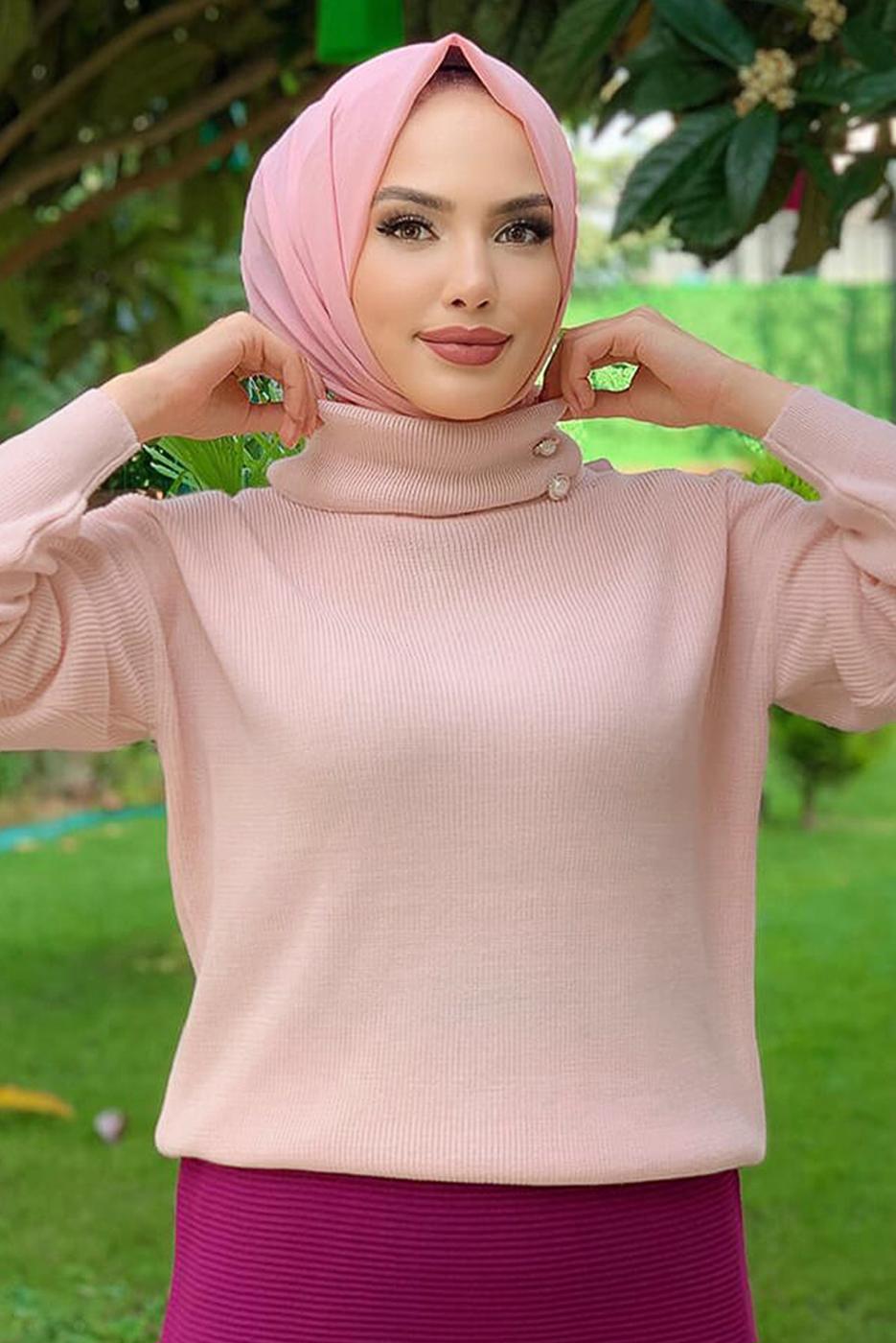 Tesettür giyim PUDRA DÜĞME DETAYLI BOĞAZLI TRİKO KAZAK 6412 