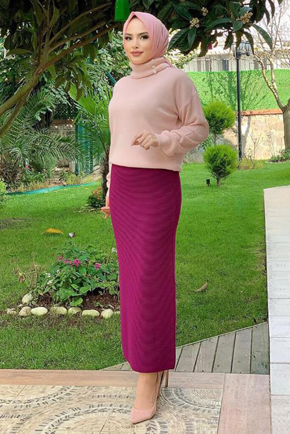 Tesettür giyim PUDRA DÜĞME DETAYLI BOĞAZLI TRİKO KAZAK 6412 
