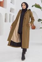 Tesettür giyim TABA BELİ BÜZGÜLÜ KAPÜŞONU KÜRKLÜ MANTO 5003 