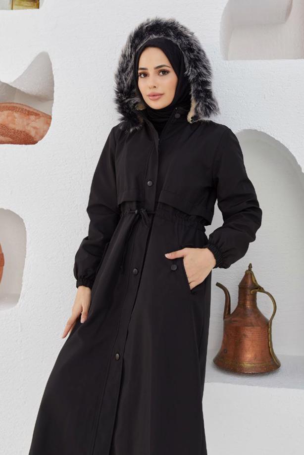 Hijab-Kleidung  BELİ BÜZGÜLÜ KAPÜŞONLU MANTO 5013  - TRENDTESETTÜR