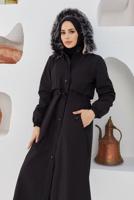 Tesettür giyim SİYAH BELİ BÜZGÜLÜ KAPÜŞONLU MANTO 5013 