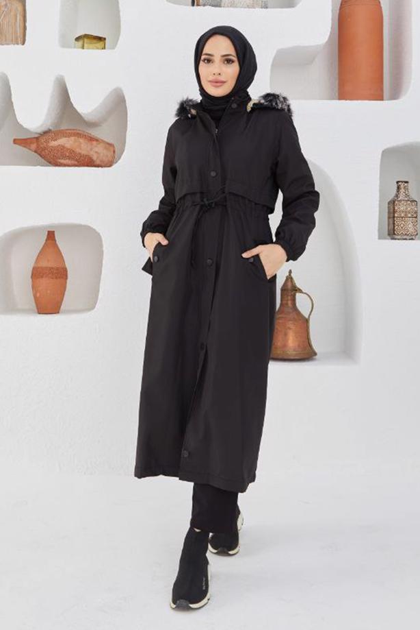 Hijab-Kleidung  BELİ BÜZGÜLÜ KAPÜŞONLU MANTO 5013  - TRENDTESETTÜR
