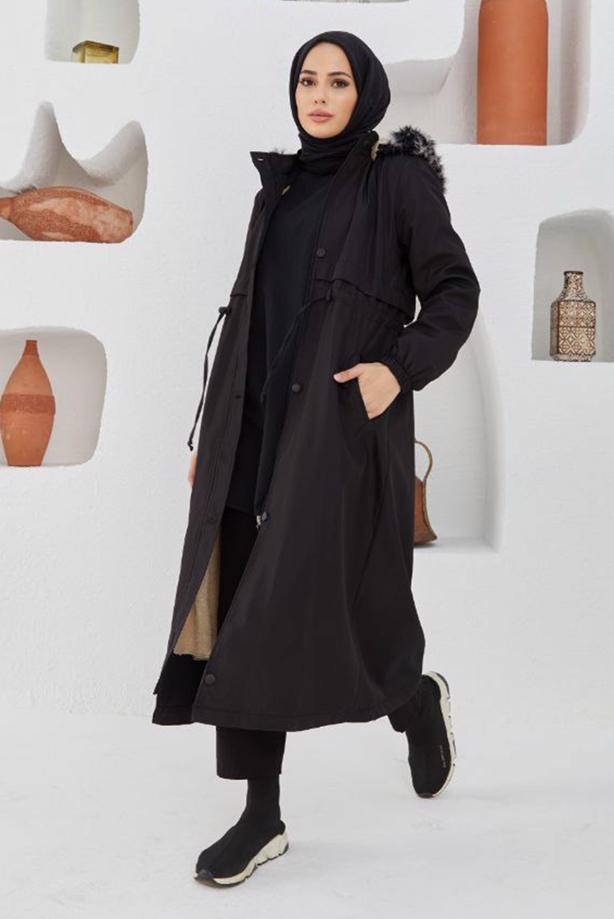 Hijab-Kleidung  BELİ BÜZGÜLÜ KAPÜŞONLU MANTO 5013  - TRENDTESETTÜR