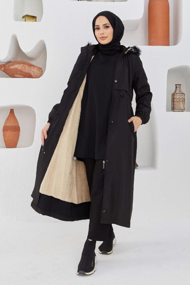 Hijab-Kleidung  BELİ BÜZGÜLÜ KAPÜŞONLU MANTO 5013  - TRENDTESETTÜR