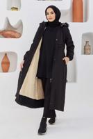 Tesettür giyim SİYAH BELİ BÜZGÜLÜ KAPÜŞONLU MANTO 5013 
