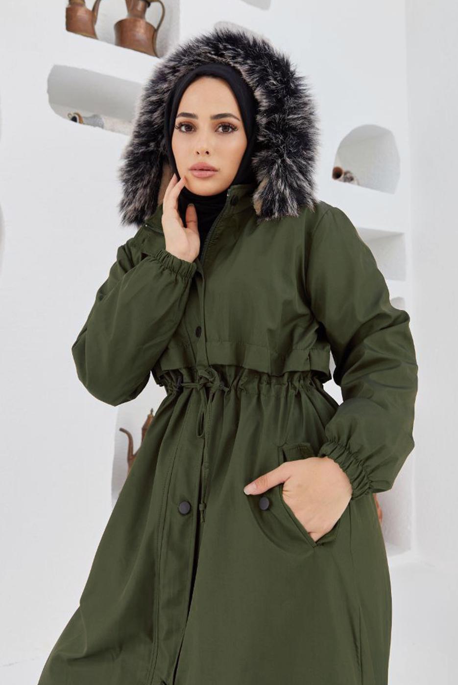 Vêtements hijab KAKI MANTEAU À CAPUCHE TAILLE SMOCKÉE 5013